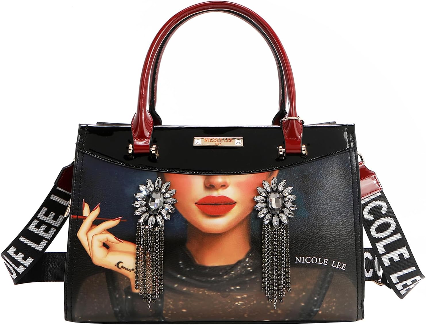 Nicole Lee Samantha La Belleza Tote Bag, Vegan Leather, Rhinestone Embellished, 3 Compartments, Detachable Crossbody Strap Fall (SAMANTHA LA BELLEZA)