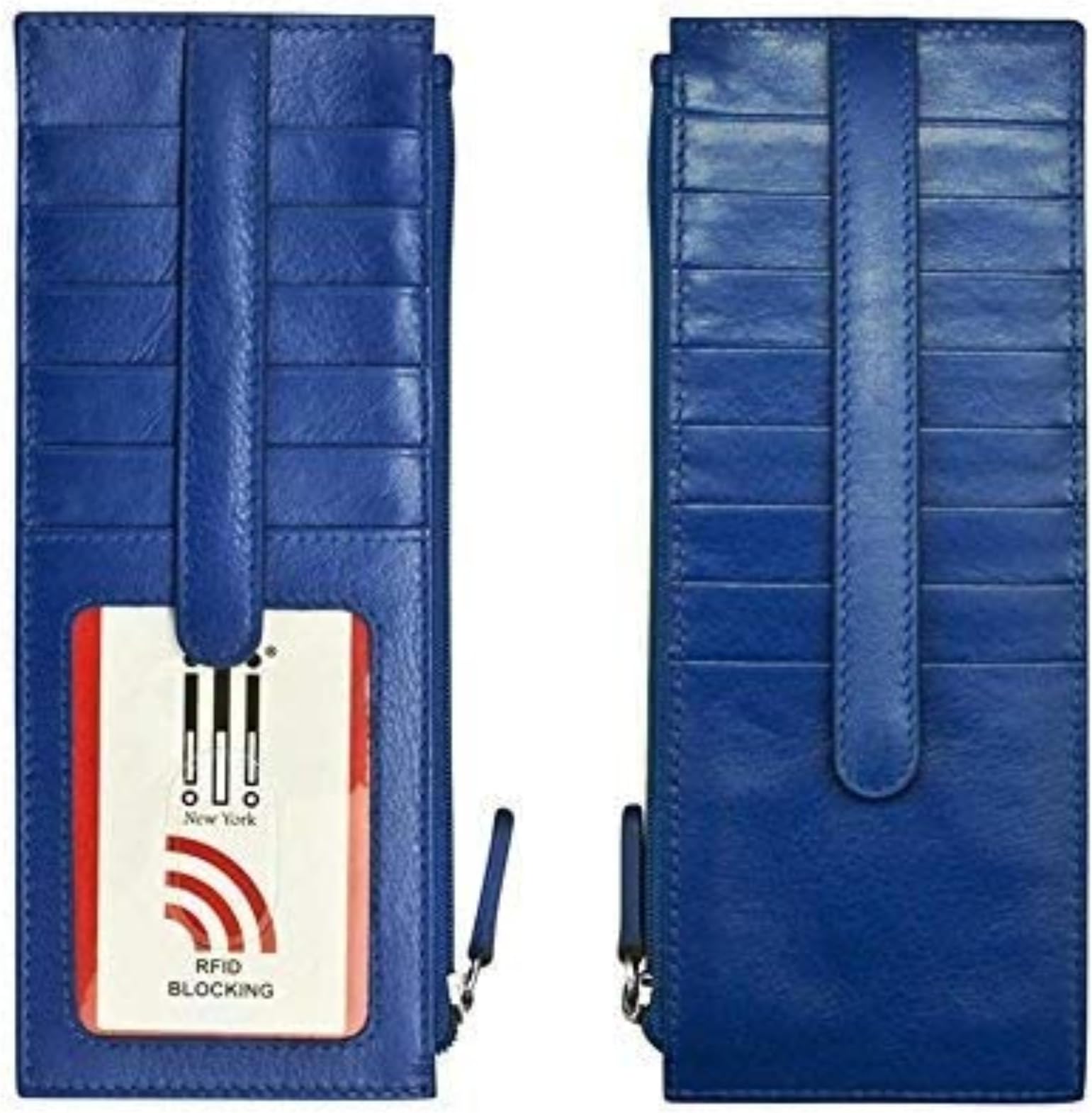 ili New YorkLong Double Sided Slim Wallet, RFID Blocking Card Holder with ID Window and Side Zip Pocket for Men and Women, Cobalt