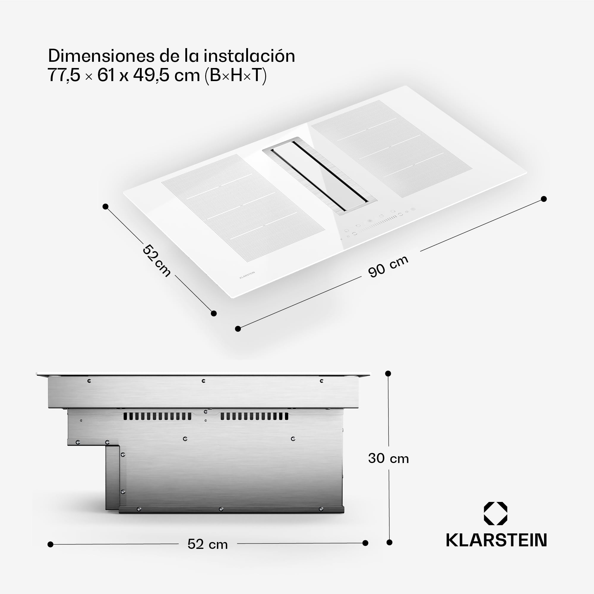 Klarstein Chef-Fusion Placa de Inducción con Extractor Integrado - Flex-Zone de 7200 W, 610 m³/h, Clase A, Control Táctil, Diseño Estético, Acero Inoxidable y Cristal, 90 cm