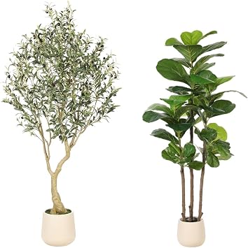Realead 6ft Artificial Olive Tree with Tall Exquisite Planter + 5ft Faux Fiddle Leaf Fig Tree with White Planter