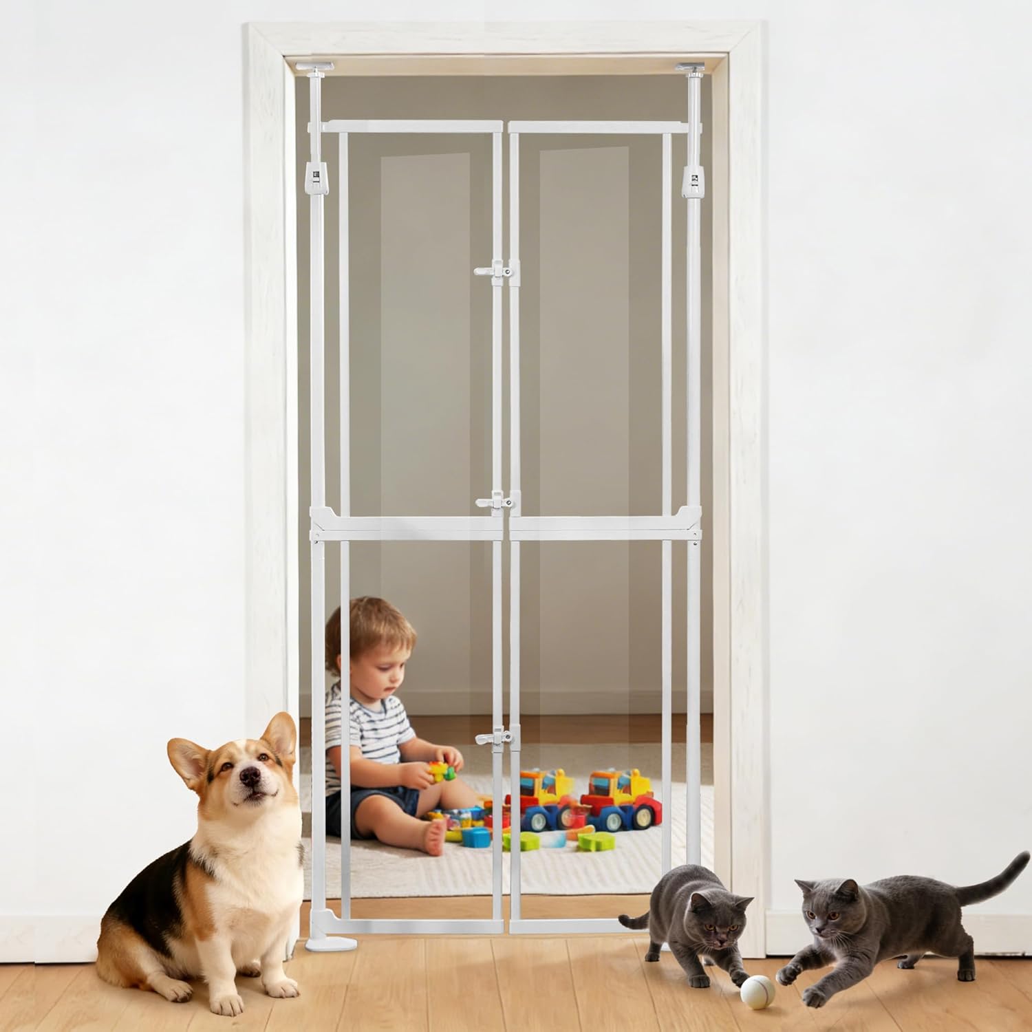 74.8-98.4" Extra Tall Cat Gate for Doorways,33.8-37.4" Wide Pet Gate Indoor,Auto Close No Drilling Clear Acrylic Safety Barrier for Strairs Hallway House -White