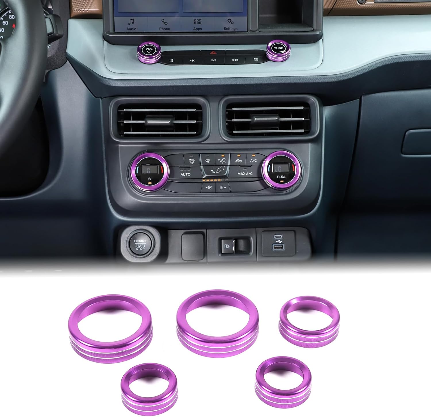 Aunginsy Compatible with Ford Maverick 2022 2023 Aluminum Car Centre Console Air Conditioner Volume Knob Button Circle Cover Car Gear Shift Switch Button Ring Trim Cover Knob Protect Ring Accessories