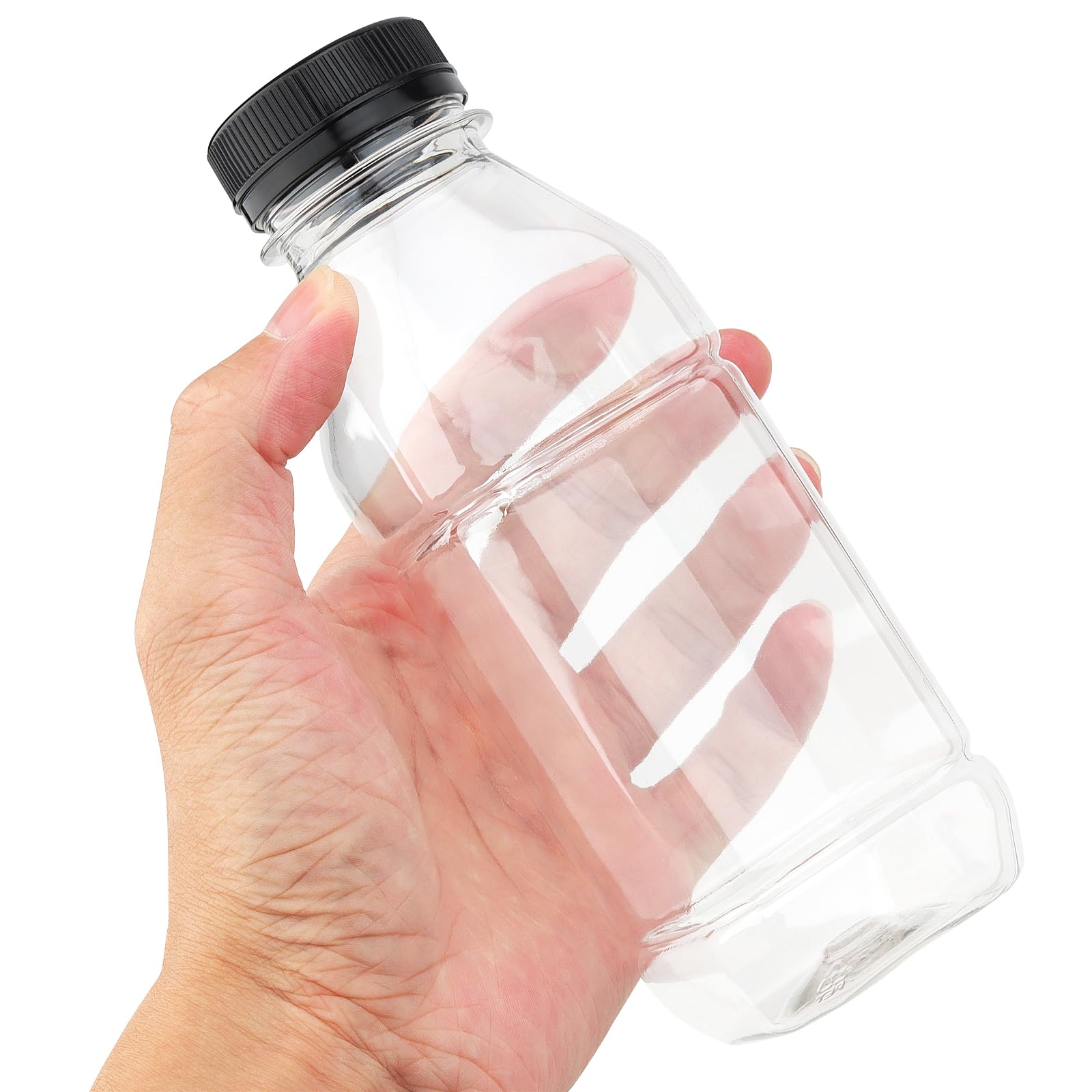 24 bottiglie di plastica trasparente da 350 ml con coperchio nero, contenitori trasparenti riutilizzabili per succhi, bottiglie vuote in PET per succhi, frullati, latte e altre bevande