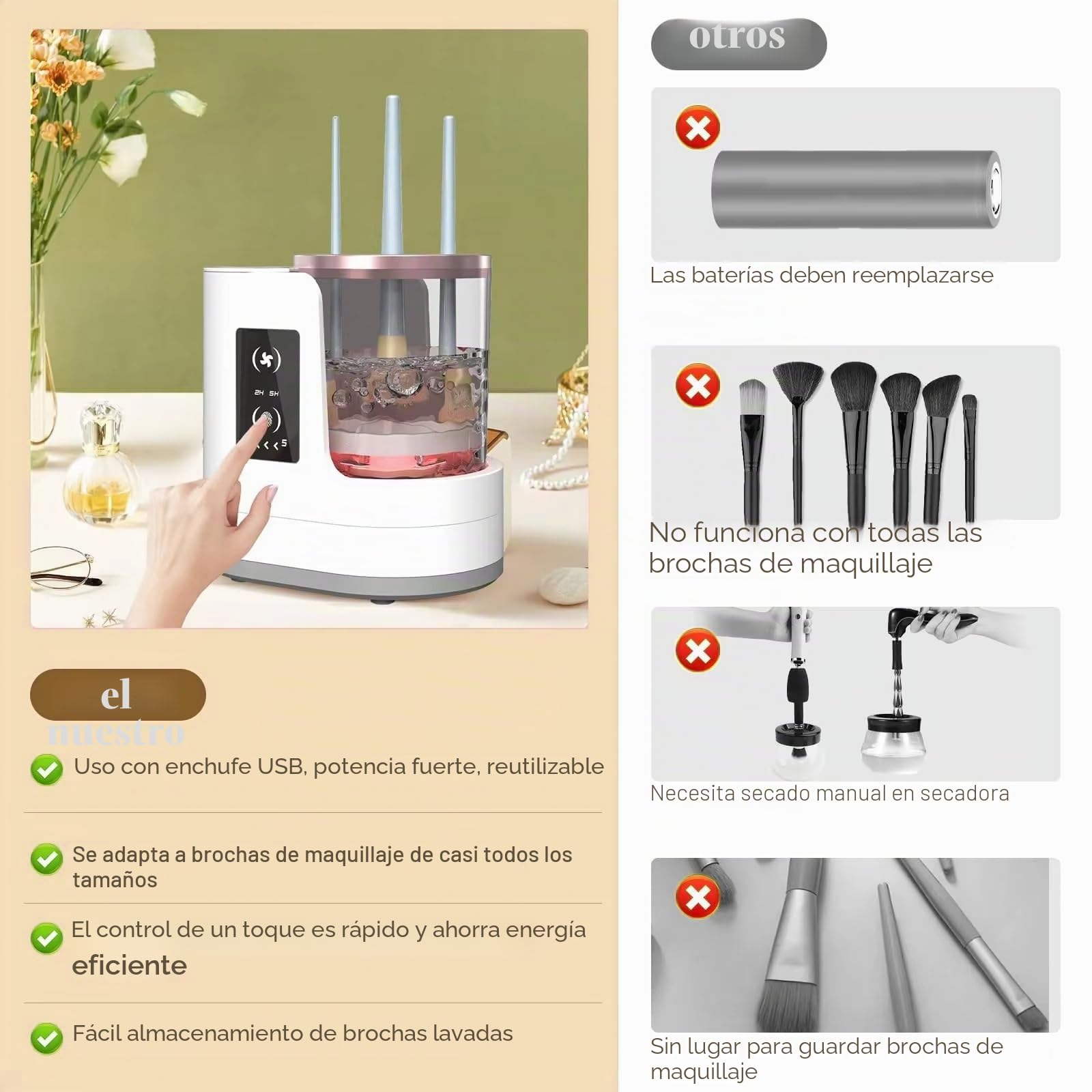 Limpiador 3 en1 Brochas Maquillaje，Máquina Limpieza Eléctrica con Secador & Soporte - Lavador Brochas Automático USB para Todas Tamaños Brochas Cosméticas & Beauty Blender, Parada Auto 5 Min