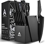Knife Set - Kitchen Knife Set with Built-in Sharpener - Knife Block Set Dishwasher Safe 15 Piece - Anti-Slip Handle - German Stainless Steel - Black,with Gift Box