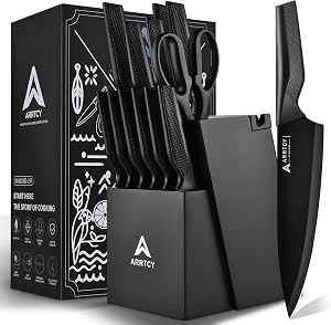 Knife Set - Kitchen Knife Set with Built-in Sharpener - Knife Block Set Dishwasher Safe 15 Piece - Anti-Slip Handle - German Stainless Steel - Black,with Gift Box