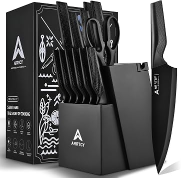 Kitchen Knife Set with Block Built in Sharpener,Dishwasher Safe | 15 PCS German high-carbon steel, black ergonomic handle. Covers 95% kitchen tasks. For cooks who value durability and style