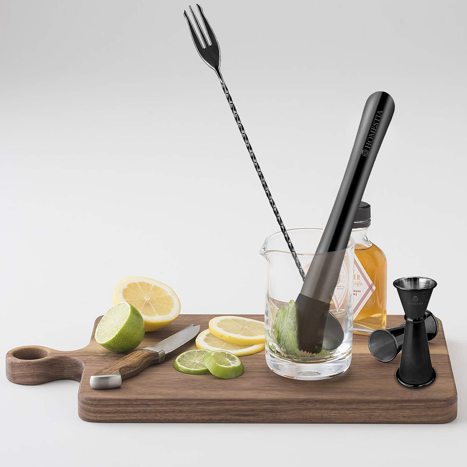 Black Friday - 70% OFF Homestia 12 Black Bar Spoon with Muddler for Cocktails and 1&2oz Jigger Stainless Steel Cocktail Mojito Utensil Set Bartending Supplies for Fruit Based Drinks