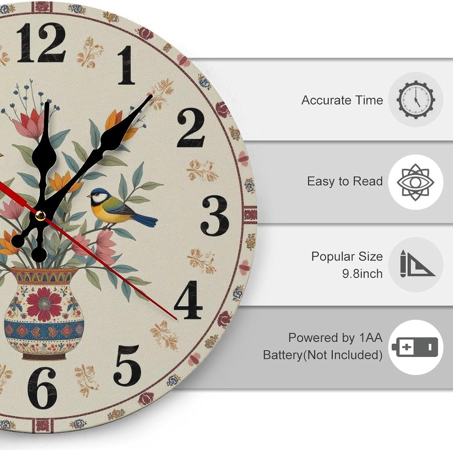 Floral Clock Birds Perched on Vase 12 Inch Silent Wall Clock, Frameless Wooden Round Clock with Quartz Movement for Bathroom, Kitchen, Living Room, Bedroom