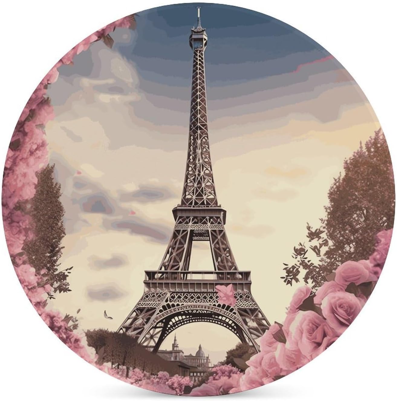 Paris Eiffel Tower Flower Coasters Round Coasters Set Ceramic Stone Coaster with Cork Base Coffee Cup Beverage Cup Mat Cute Funny Table Drinks Coaster for Mugs and Cups Office Kitchen