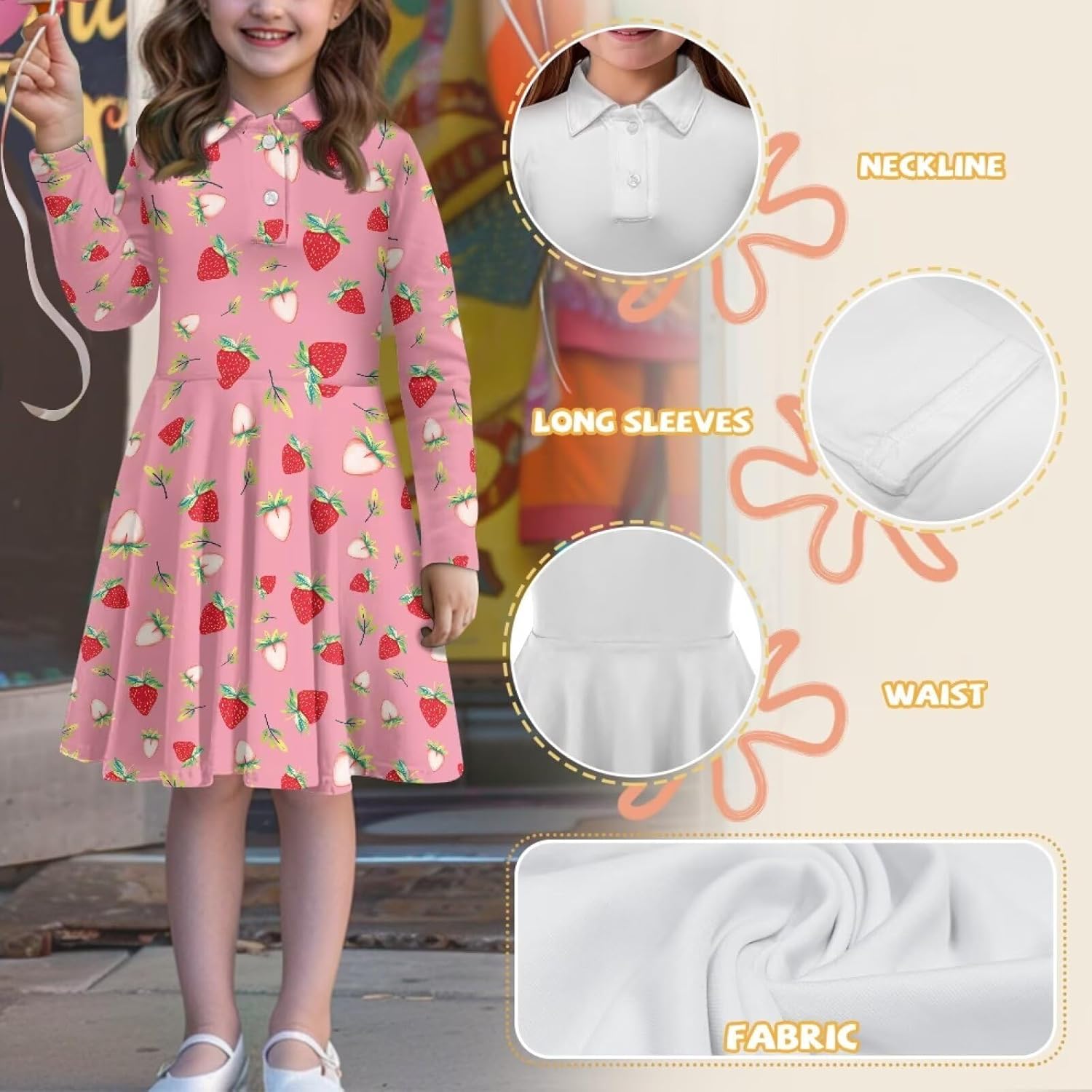 Girls A-Line Dress Fall Long Sleeve Sundress Casual Lapel Collar Dresses for Outing Gifts
