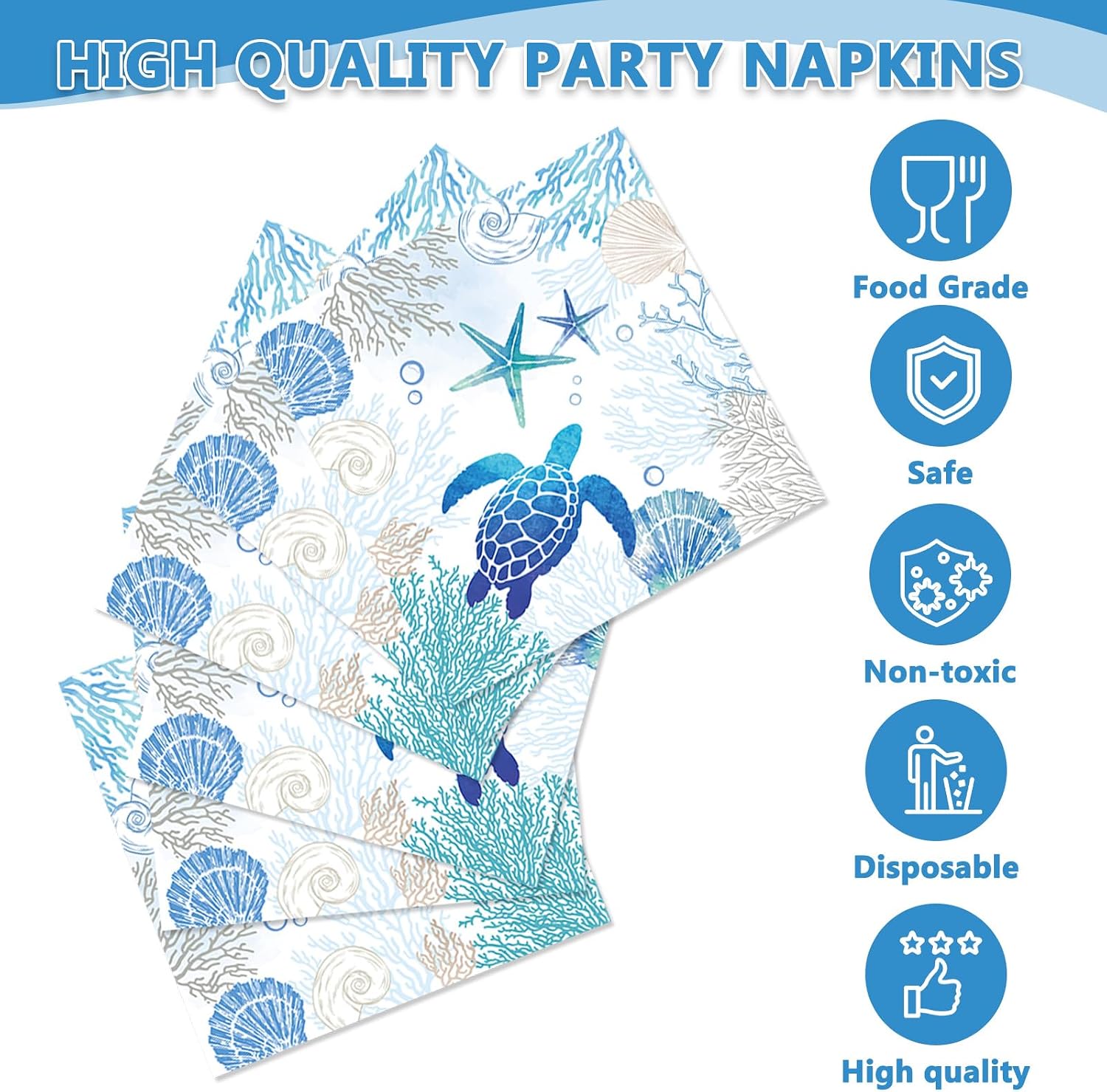 Ocean Seashell Beach Paper Napkins - 50pcs Guest Napkins for Summer Birthday Baby Shower, Hand Towel for Under the Sea Party Decorations