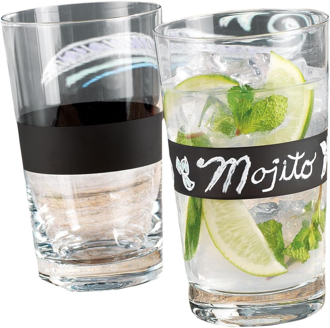 Set of 4 Chalkboard Highball Glasses 16 oz - Four Unique Personalized Write on Clear Drinking Glasses Party Set