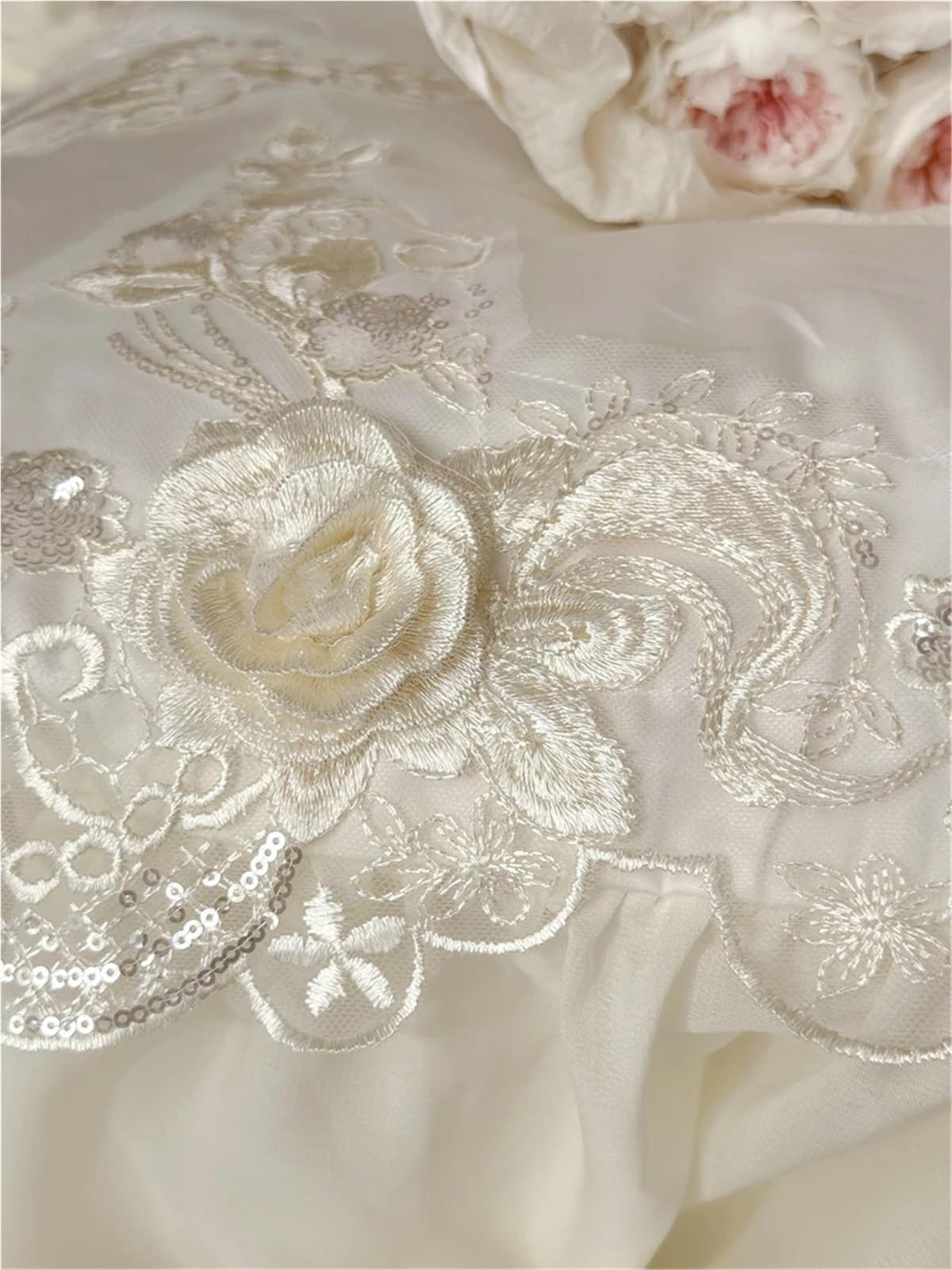 ZHSOAO Cotton Wedding Bedding Set Lace Ruffles Flowers Embroidery Duvet Cover Bed Sheet Pillowcases for Bed(Blue,Queen Size 4pcs)