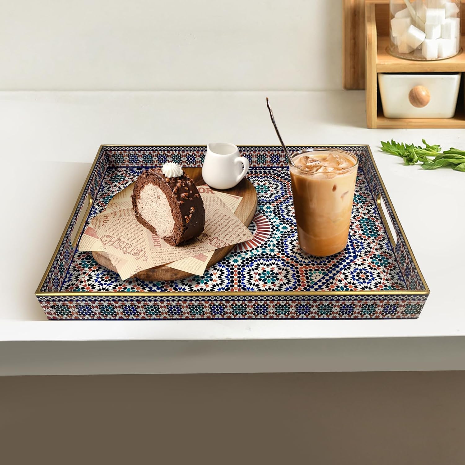 Plastic Coffee Trays,Serving Tray,Bohemian Blue Tray,15.7" L x 11.8" W x 1.57" H,Lightweight and Non-Slip with Handles,Perfect for Restaurants,Cafés,and Home Use(Rectangle Bohemian Blue) - Image 3