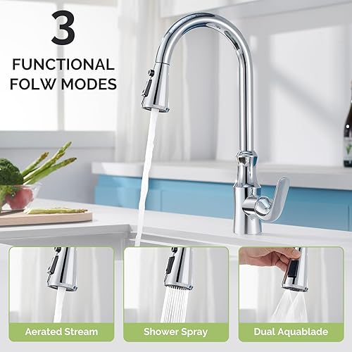 Miniatura 2 de Angle Simple - Cabezal de repuesto para grifo de cocina, cromado, 3 funciones, cabezal de grifo dual Aquablade para fregadero de cocina, cabezal