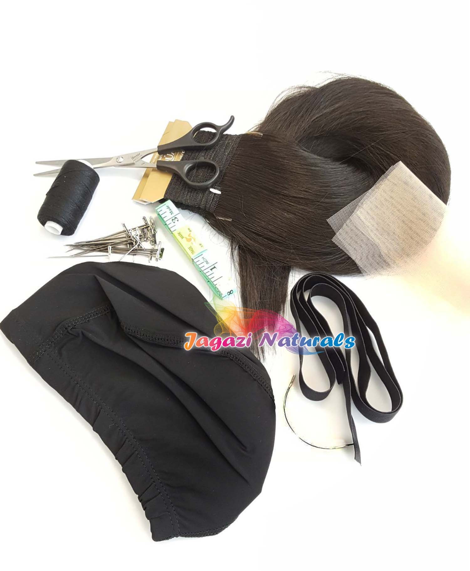 Kit complet pour perruque - Série noir/marron - Extension de cheveux raides - Capuchon en dôme - Épingles en T - Aiguille courbée - Ruban élastique - Fil de tissage