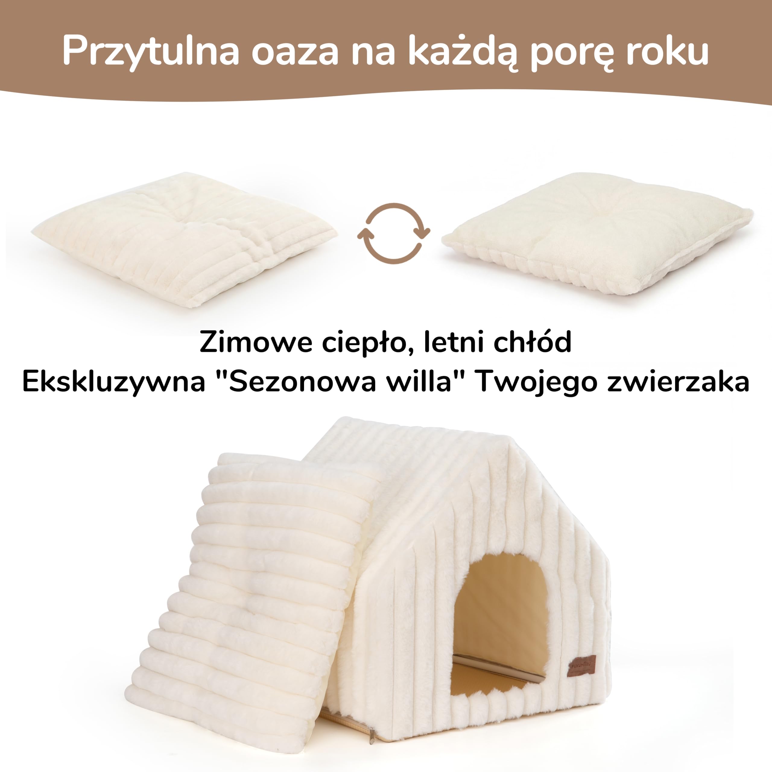 FUKUMARU Legowisko dla Kotów i Małych Psów – Półzamknięte, z Miękką Poduszką, Wykonane ze Sztucznego Futra Królika, 44 cm, Zmywalne, Kremowy