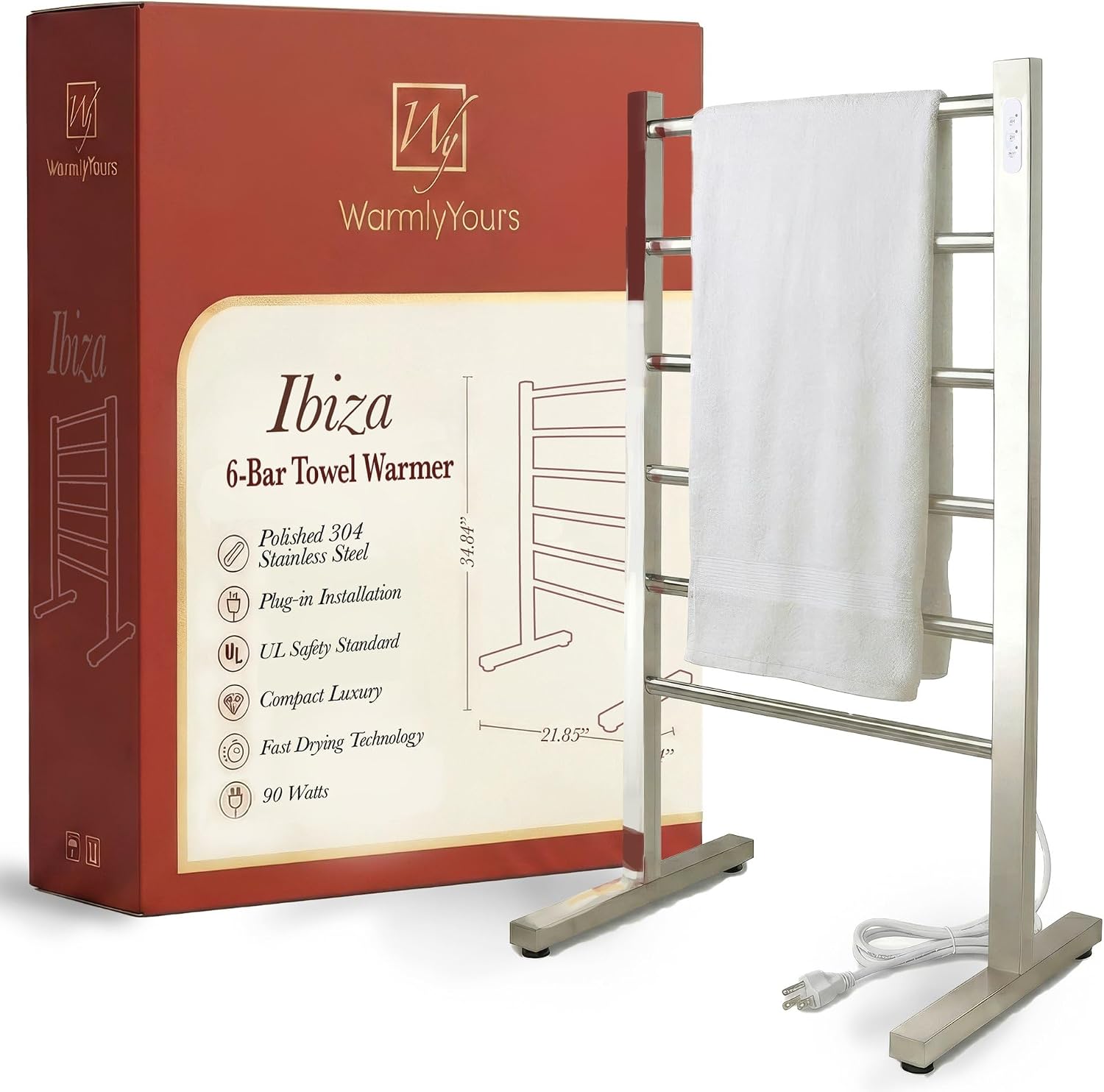 WarmlyYours Ibiza Freestanding Towel Warmer, 6 Bars, Polished Steel