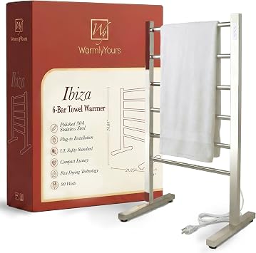 WarmlyYours Ibiza Freestanding Electric Heated Towel Rack for Bathroom, 6-Bar Plug-in Towel Warmer with Built-in Timer, Polished Stainless Steel, Safe and cULus Listed