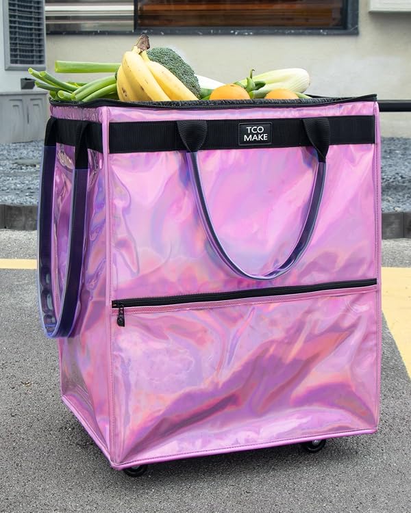 TCOMAKE (Large, Phantom Pink) Reusable Grocery Bag on Wheels, Shopping Bags with Wheels and Handle, Folding Rolling Tote, Zipper Cover, Carries Up to 76 LBS, for Laundry, Picnic by TCOMAKE - Image 3