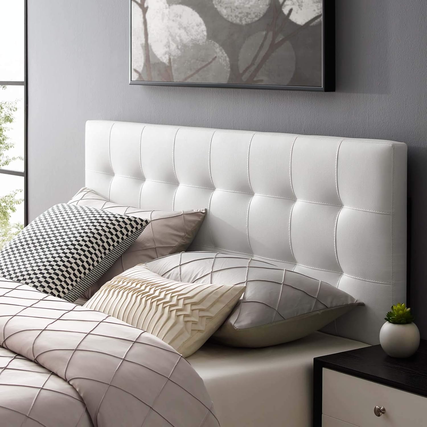 Modway Lily Full Size Tufted Vegan Leather Headboard in White - Adjustable Height, Stylish Modern Design