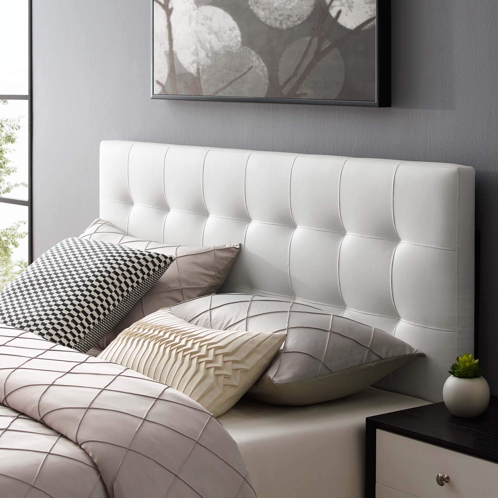 Lily Tufted Faux Leather Upholstered Queen Headboard in White