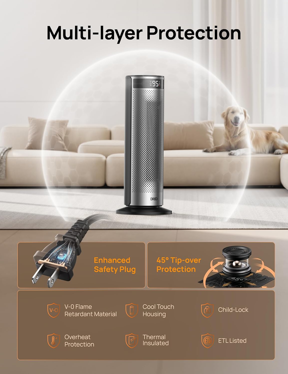 Dreo Space Heater for Large Room, 20 Inch Electric Heaters for Indoor Use, 8 Safe Protection Tower with Dreo FortPlug, 70° Oscillation, PTC Ceramic with Remote, Quiet, 12H Timer, Bedroom, Office