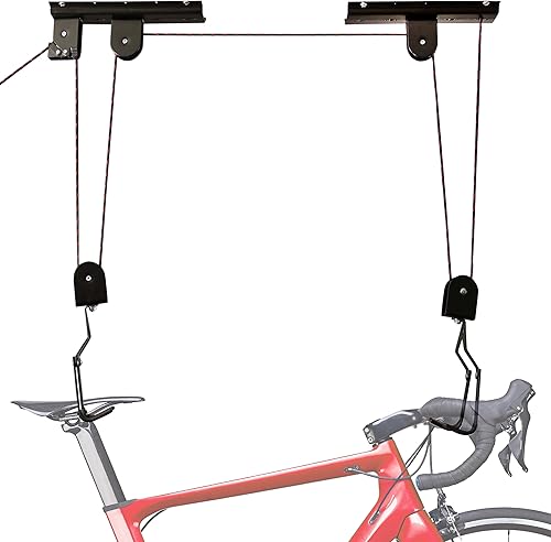 Elevador de techo para bicicleta de garaje, capacidad de 50 libras, sistema de polea de almacenamiento de bicicletas para interiores, montaje de