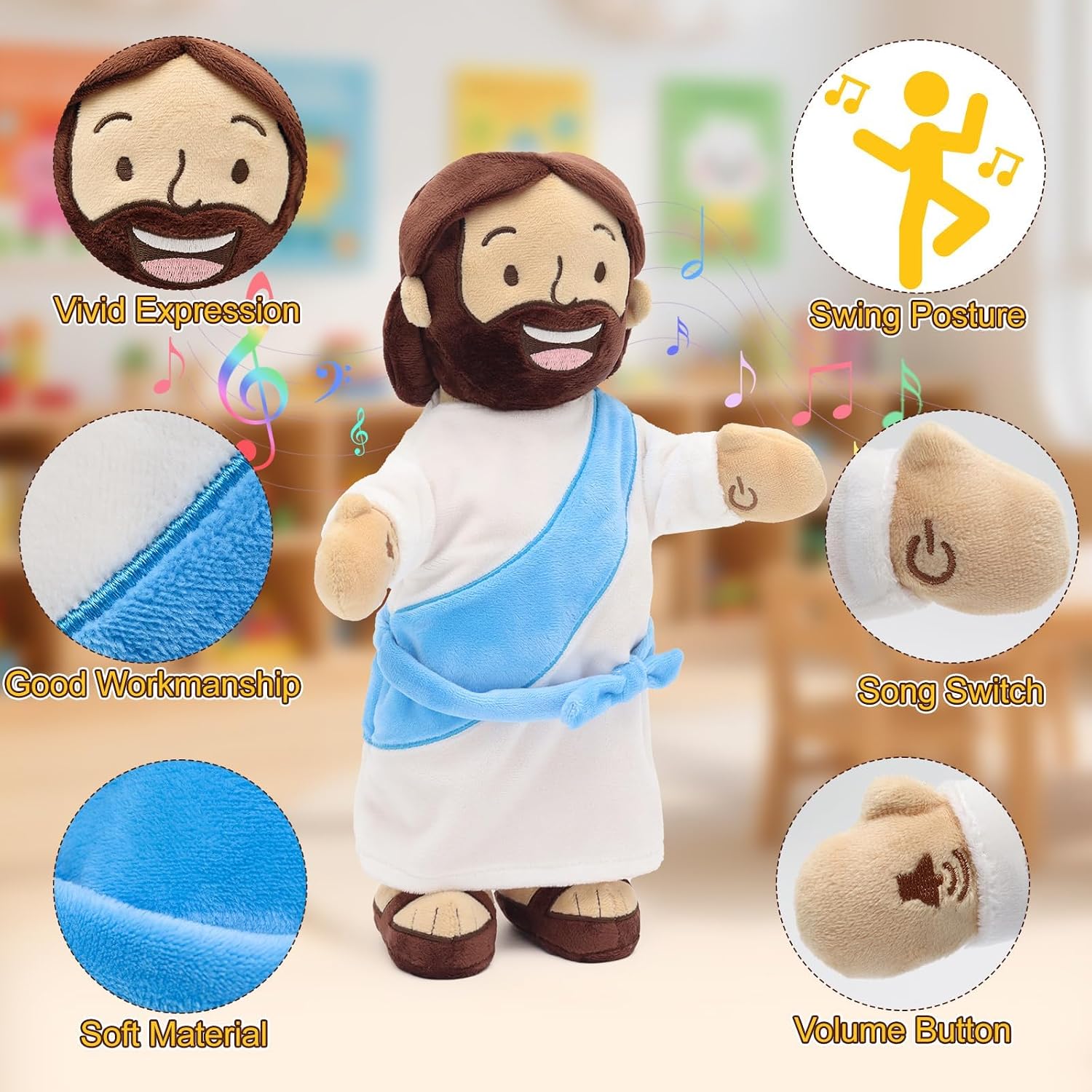 Yelakey Dancing Jesus Doll, 14" Musical Jesus Plush with 4 Christian Songs, Interactive Christian Plush Toy for Kids and Adults, Christmas Easter Baptism Gift image 5