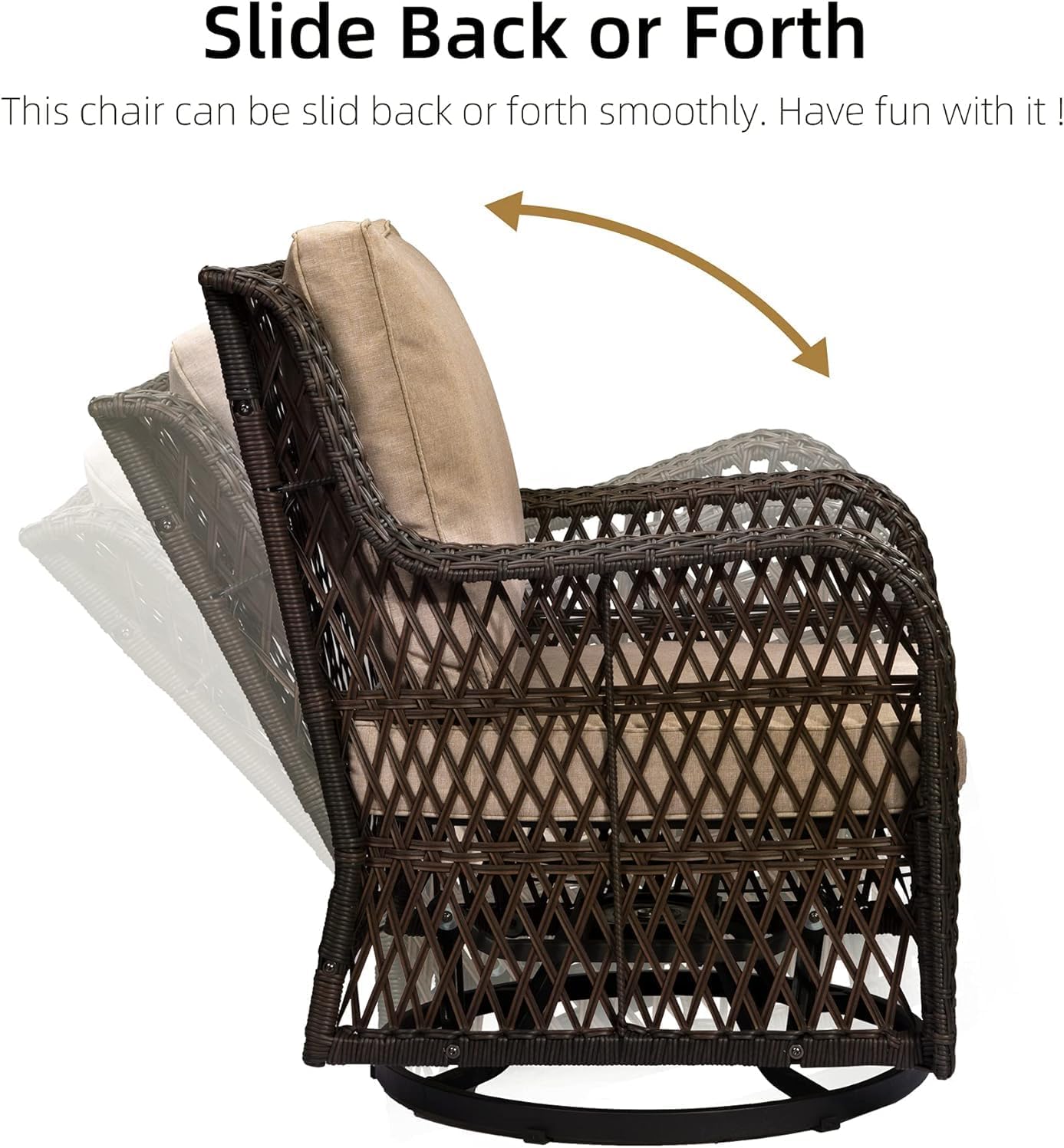 3 Pieces Rattan Swivel Rocking Chair Outdoor, 360 Degree Swivel Patio Bistro Conversation Furniture Set with Premium Cushions and Armored Glass Top Side Table for Garden, Backyard and Balcony （Beige）