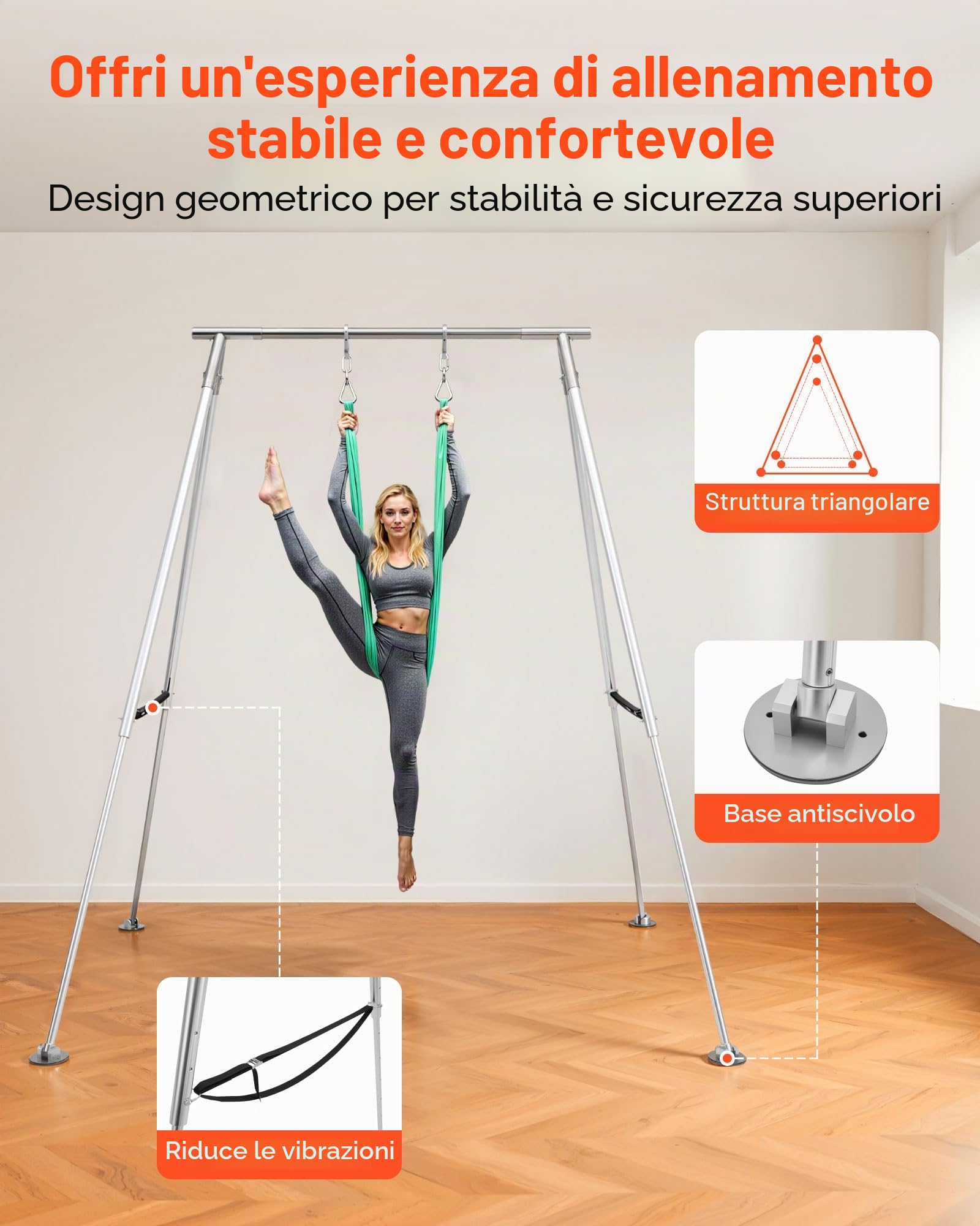 VEVOR Supporto per Yoga Aereo con Struttura Oscillante Capacità di Carico max. 140,6 kg, Struttura per Trazioni Supporto Triangolare, per Tessuti Aerei con Gambe Regolabili in Altezza, Yoga Aereo