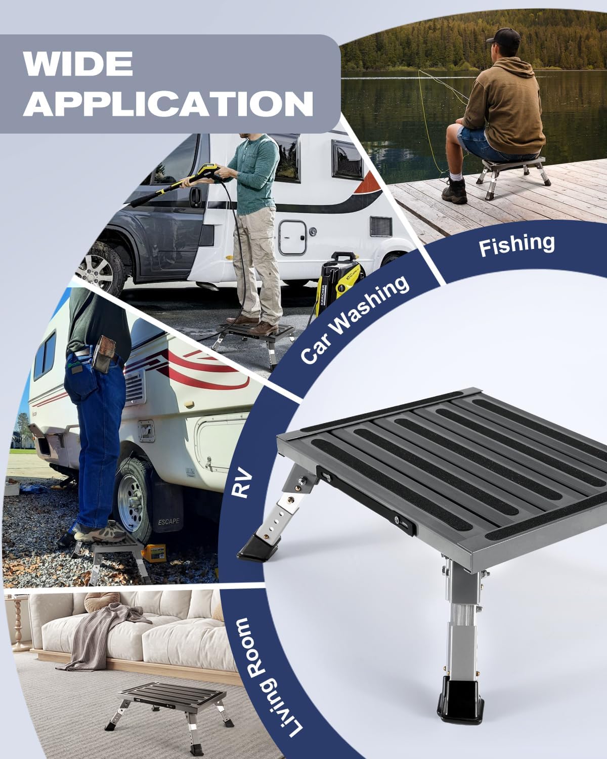 XINQIAO Foldable RV Step Stool with Rubber Feet, 4 Adjustable Heights Portable Heavy Duty Aluminum Folding Step for RV Entry, Trailer, Camper, Fishing and Outdoors