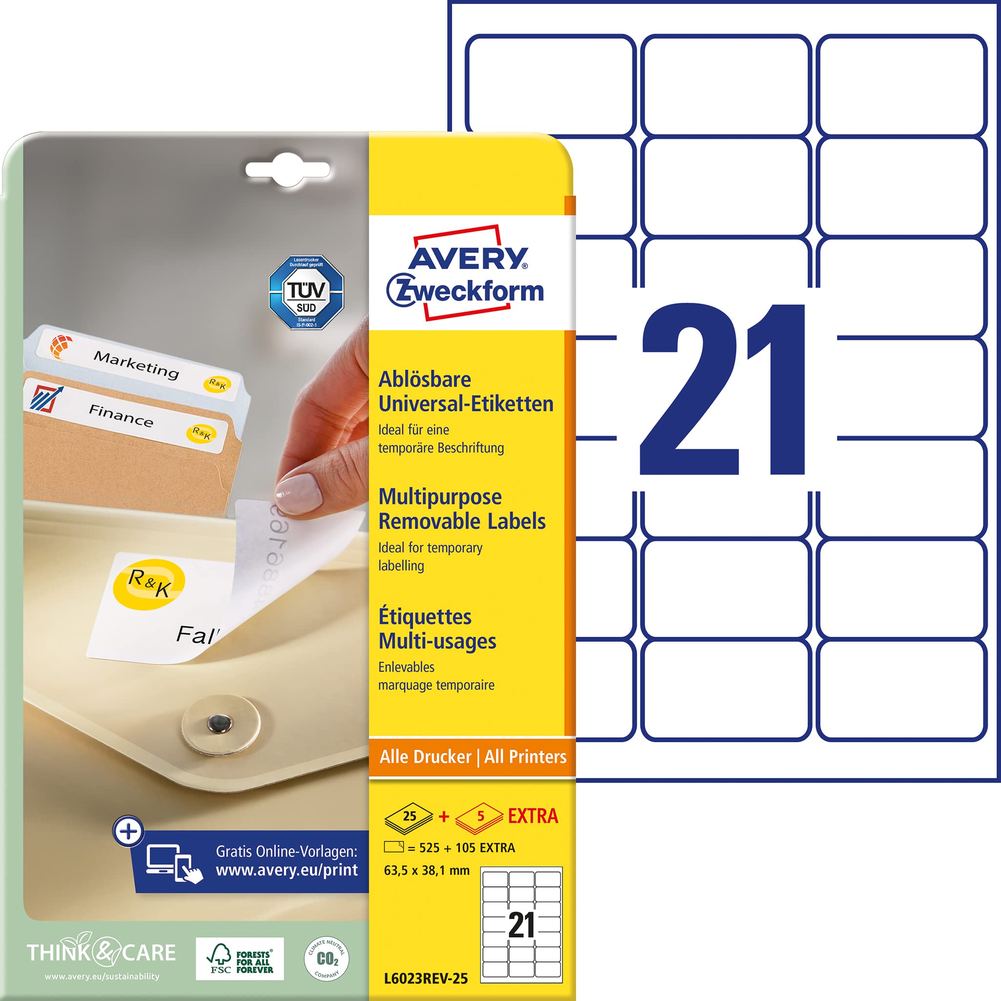 AVERY Zweckform InkJet + Laser + etykiety do kopiowania/L6023REV-25 zawartość 525 sztuk