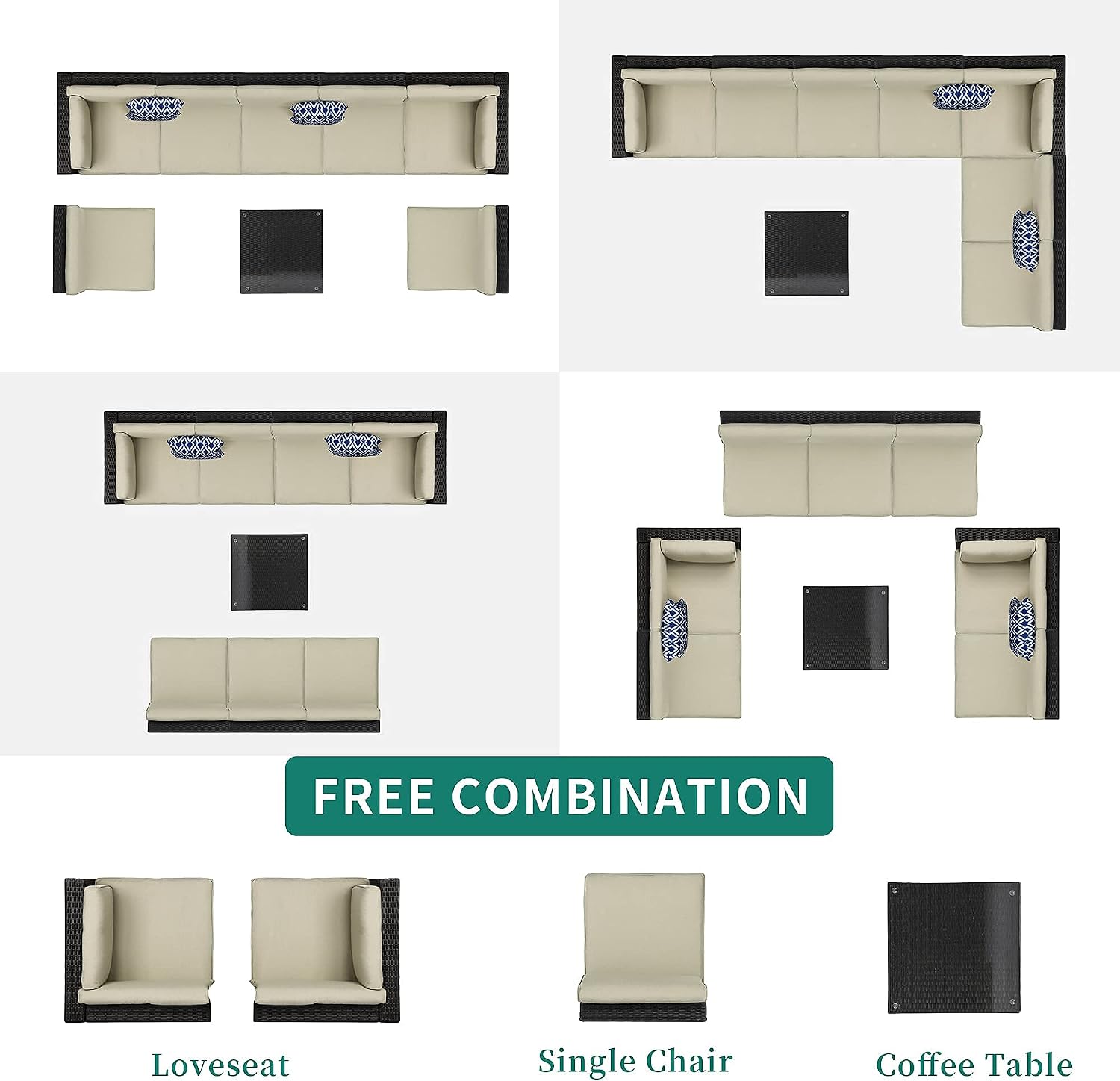 Diagram showing various free combination layouts for the modular patio furniture set.