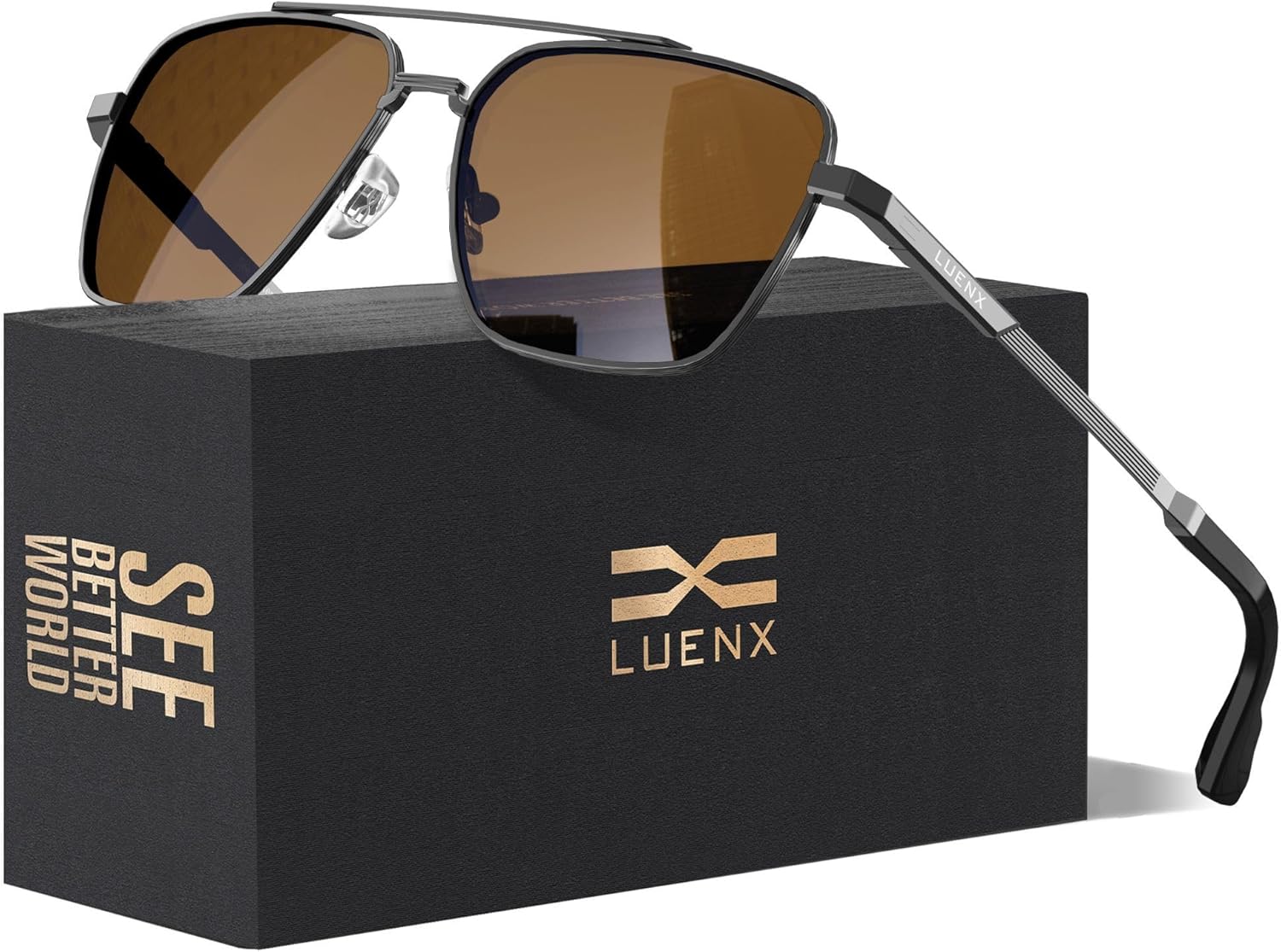 LUENX Mens Women Polarized Sunglasses Aviator, Square Polygon Lens Driving UV 400 Protection With Accessories 58mm Small