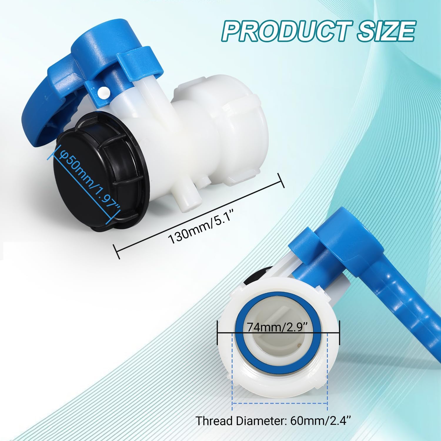 IBC Tote Valve, 2.4"" Coarse Thread IBC Tote Adapter, 62mm DN40 Heavy Duty Tote Tank Drain butterfly Valve Connector Replacement (Integrated butterfly-valves, DN40), Blue, SSKJ-DN40