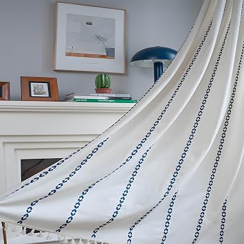 Boho Curtains 84 Inches Length for Bedroom/Living Room Cotton Linen Weighted Stripes Embroidery Semi Blackout Bohemian Retro Window Treatment Drape Tassels 2 Panels Set Blue
