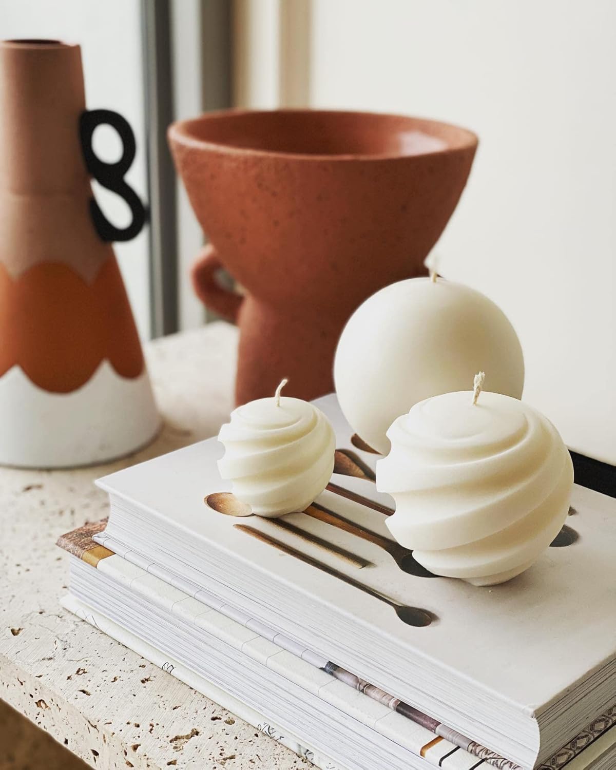3.5inch Spiral Ball Candle Wooden Scented Aesthetic Cylinder Candle,Home Office Danish Pastel Trendy Room Floating Shelves Decor Small Candles, Soy Wax Ball Shaped Candles,Set of 3(White)