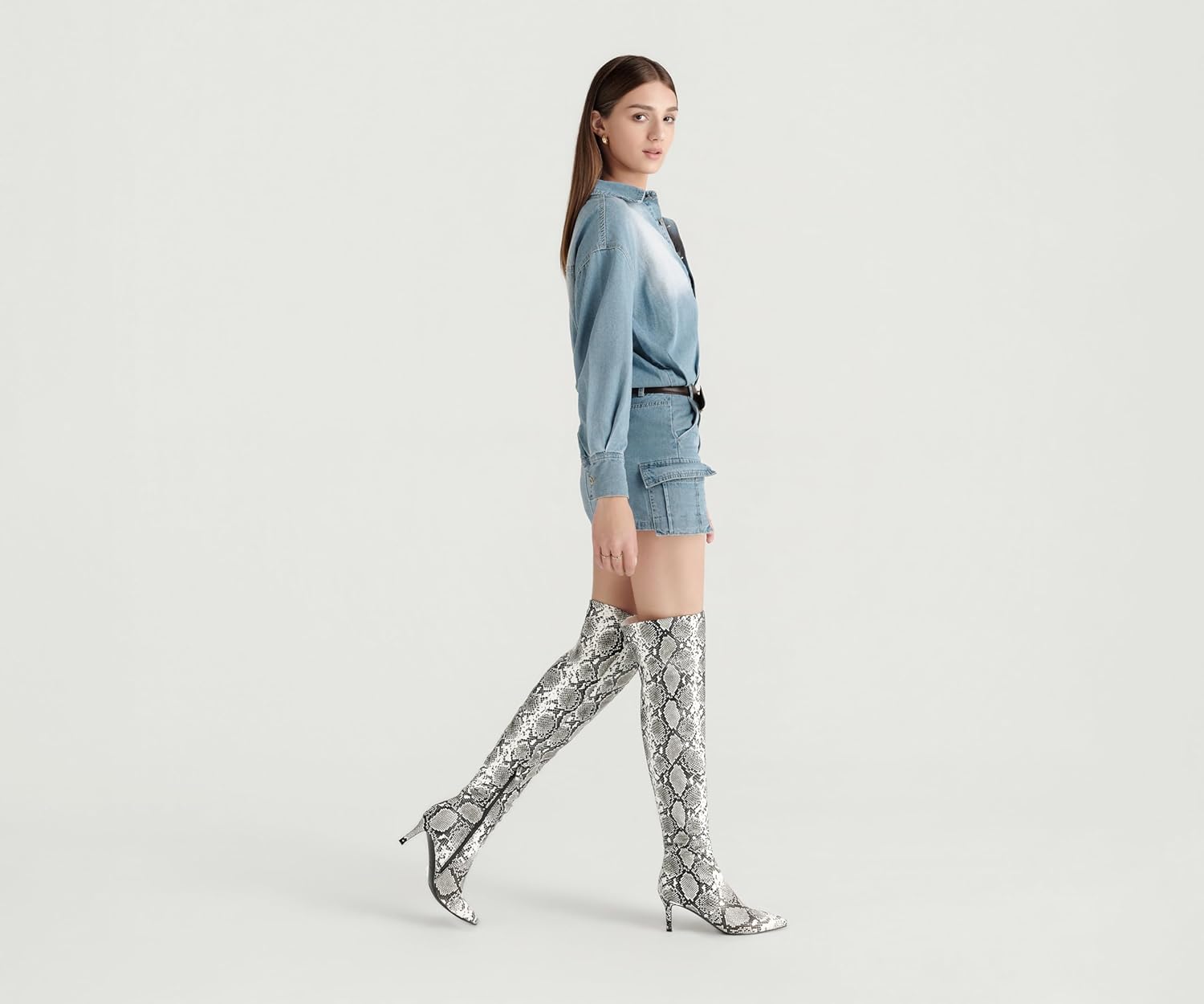 Womens Thigh High Boots Stiletto Heel Faux Snakeskin Boots Side Zipper Casual Slouchy Over The Knee Boots for Women