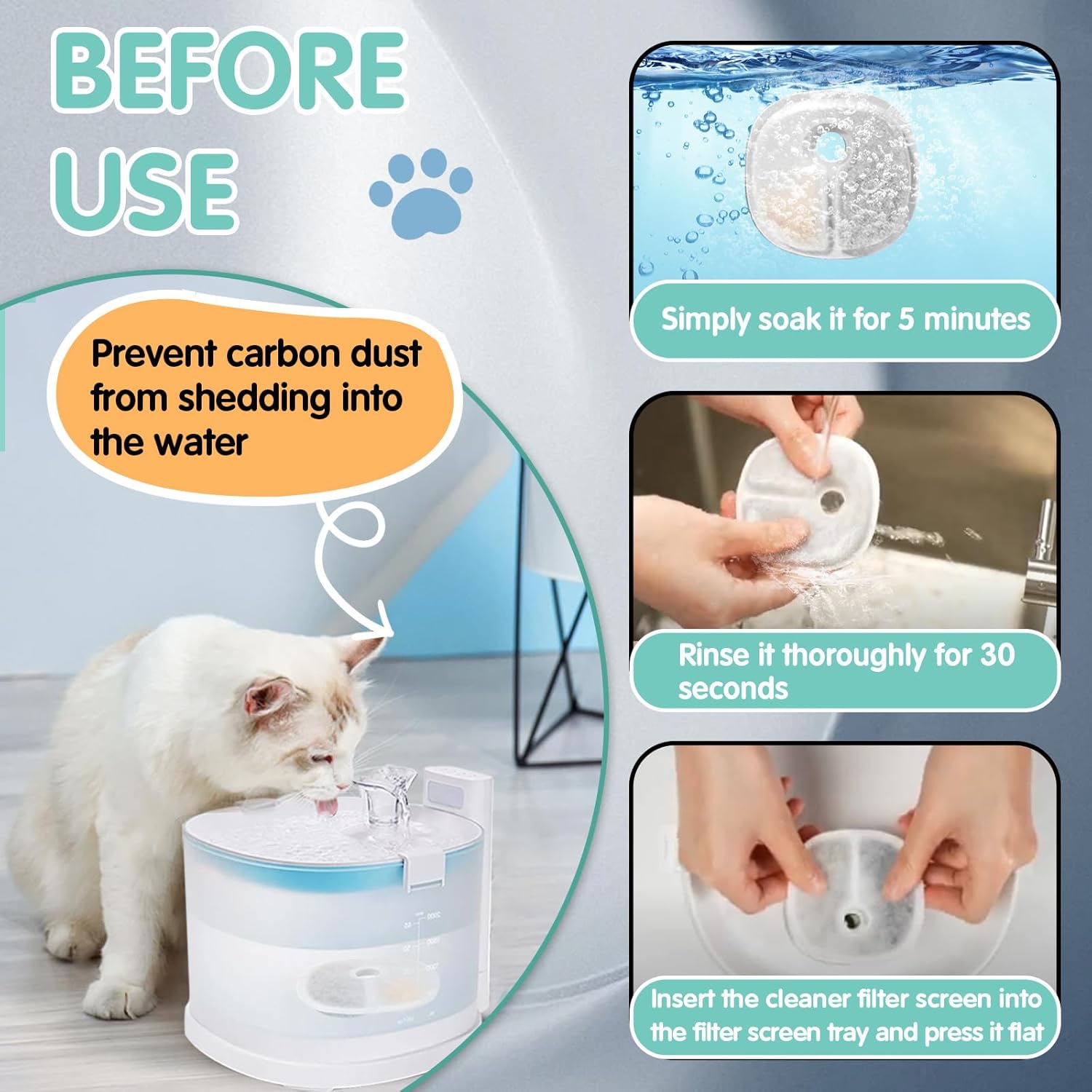 16 Packs Cat Water Fountain Filter Replacements Compatible with E1/E1+ Cat Fountain (2L/67oz), Triple Filtration System Pet Water Dispenser Filter - Image 6