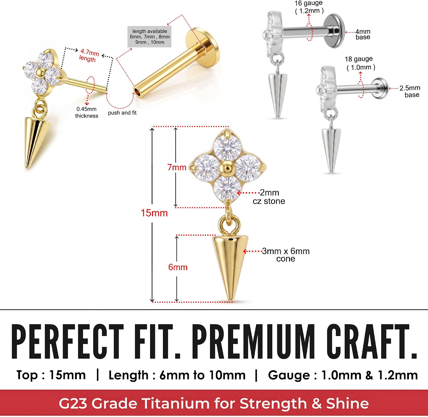 G23 Grade Titanium Four Roun Cz Stones Flower with Spike Dangle Design Threadless Tragus Labret Piercing Jewelry