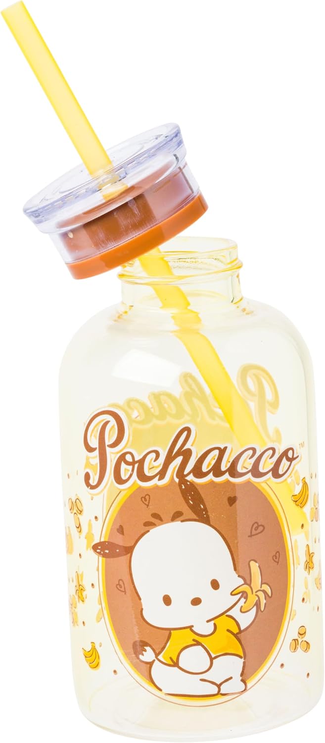Silver Buffalo Sanrio Pochacco Bananas, Glass Milk Bottle, Straw, 15oz