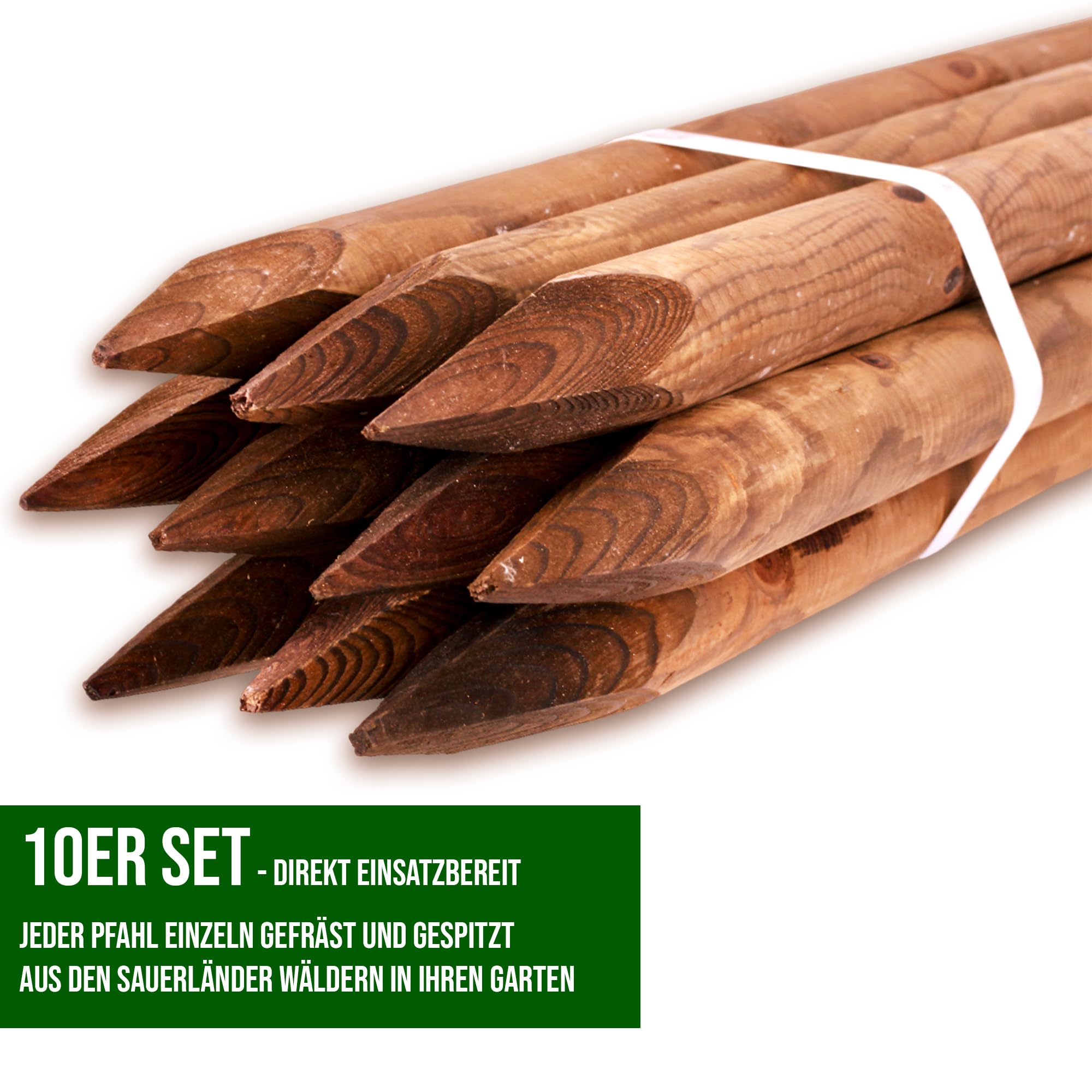 Juego de 10 estacas de madera redondas impregnadas de color marrón, 6 cm de diámetro, diferentes longitudes y grosores, ideales como postes de vallas, estacas de plantas o postes de árboles (150 cm de
