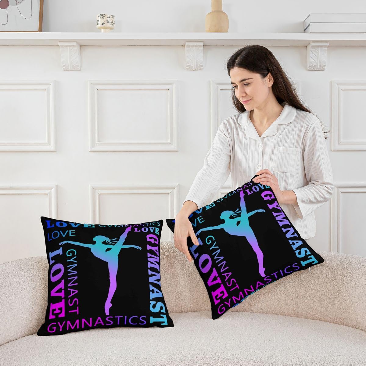 Feelyou Love Gymnastics Reversible Throw Pillow Covers,Floor Exercises Neon Blue Purple Square Cushion Covers Set of 1 for Bed Sofa Couch,All Season Athletics Pillow Covers Home Decor 24 x 24-Inch