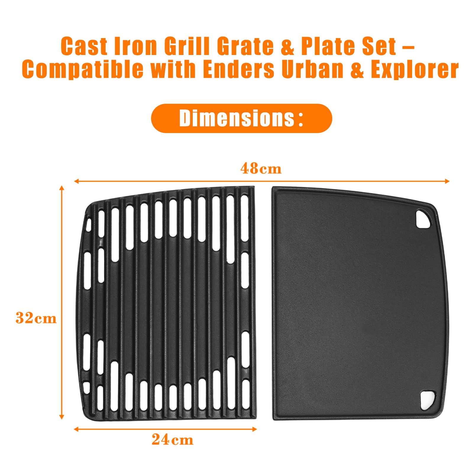 GFTIME Żeliwny ruszt do grillowania i płyta grillowa, zestaw do grilla gazowego Enders Urban, Urban Pro, Explorer, Explorer Pro – akcesoria z litego żeliwa, części zamienne, płyta dwustronna, zestaw 2