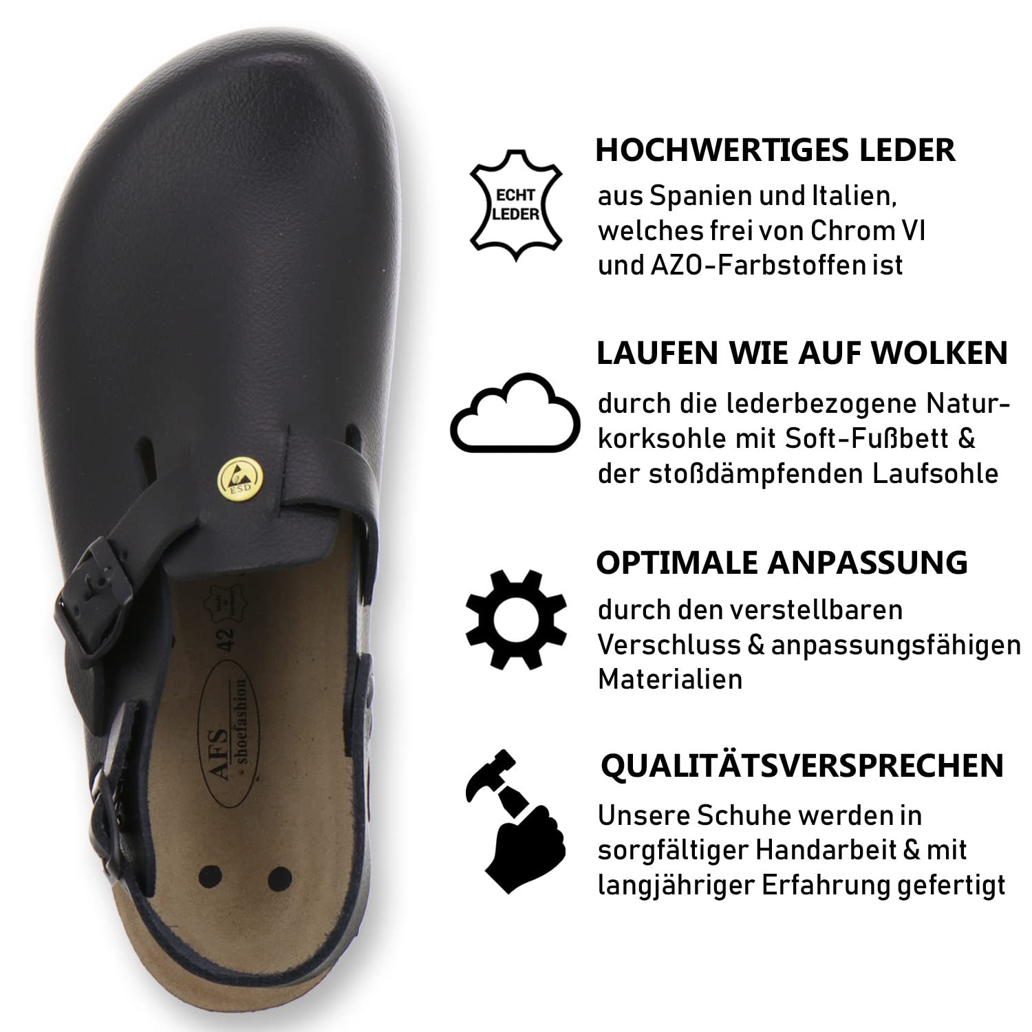 AFS 31940 buty robocze damskie i męskie, antystatyczne, buty robocze ze skóry, buty do pielęgnacji, buty laboratoryjne, czarny - Schwarz Glattleder - 36 EU