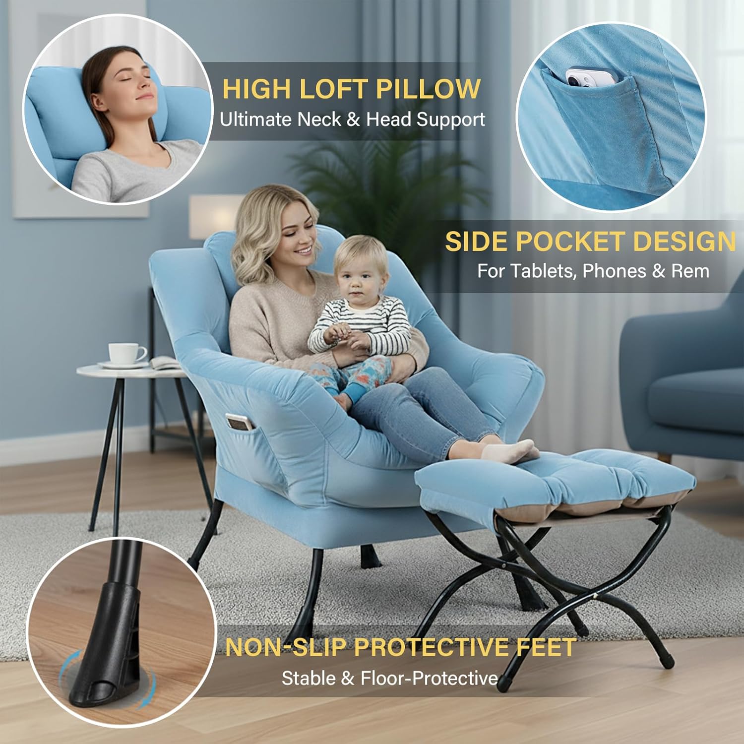 Cozy Lazy Chair and Ottoman, Large Contemporary Velvet Blue Accent Chair Set, Modern Leisure Upholstered Reading Armchair for Office, Bedroom, Living Room, Dorm Rooms, Balcony