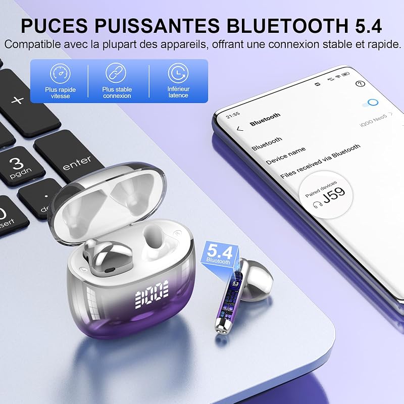 Wireless Earbuds, Bluetooth Headphones 48H Playtime Ear Buds with LED Power Display, IPX7 Waterproof Bluetooth 5.4 Earphones in-Ear Earbuds with 4 Mic for Android iOS Cell Phone Laptop, Purple image 3