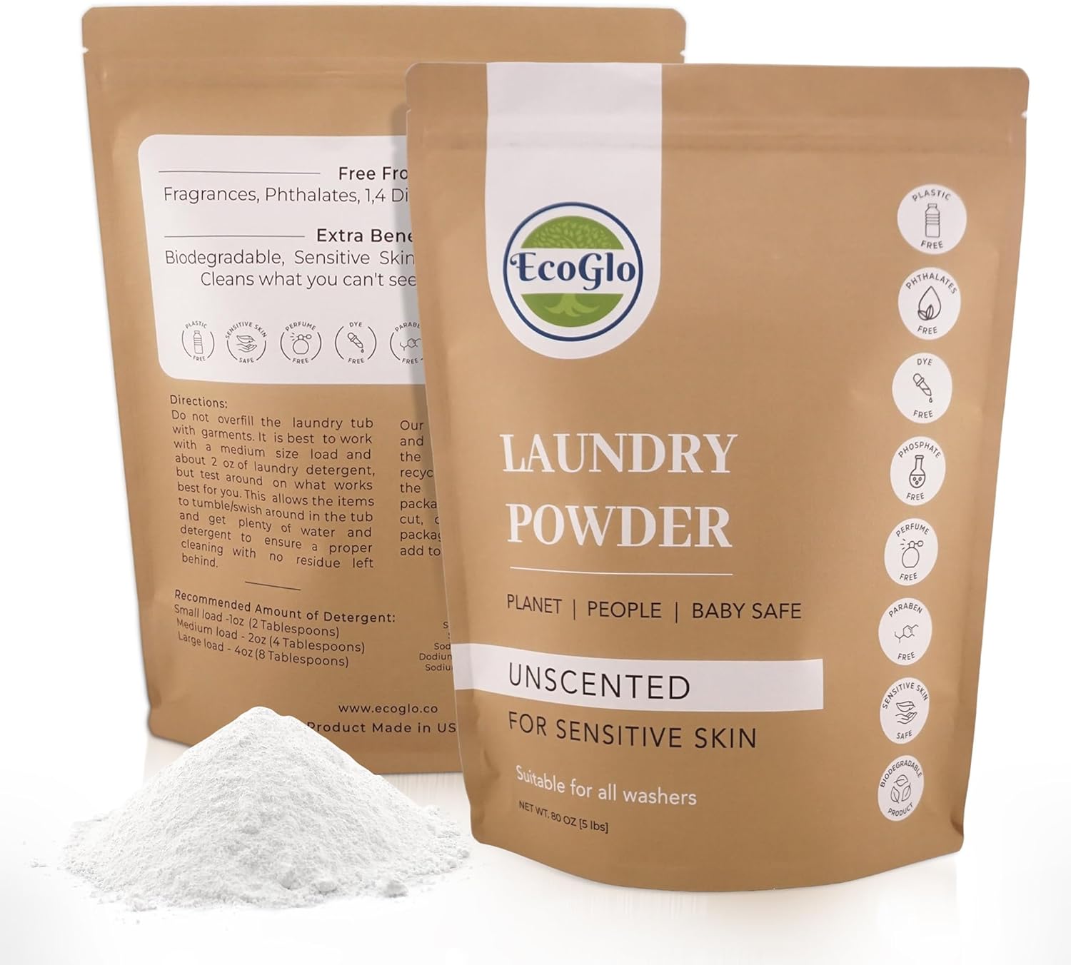 Powder Laundry Detergent, Biodegradable, Unscented Powder Laundry Detergent, Sustainable Packaging, Kids & Baby Safe, Hard Water Softener, 80 Loads